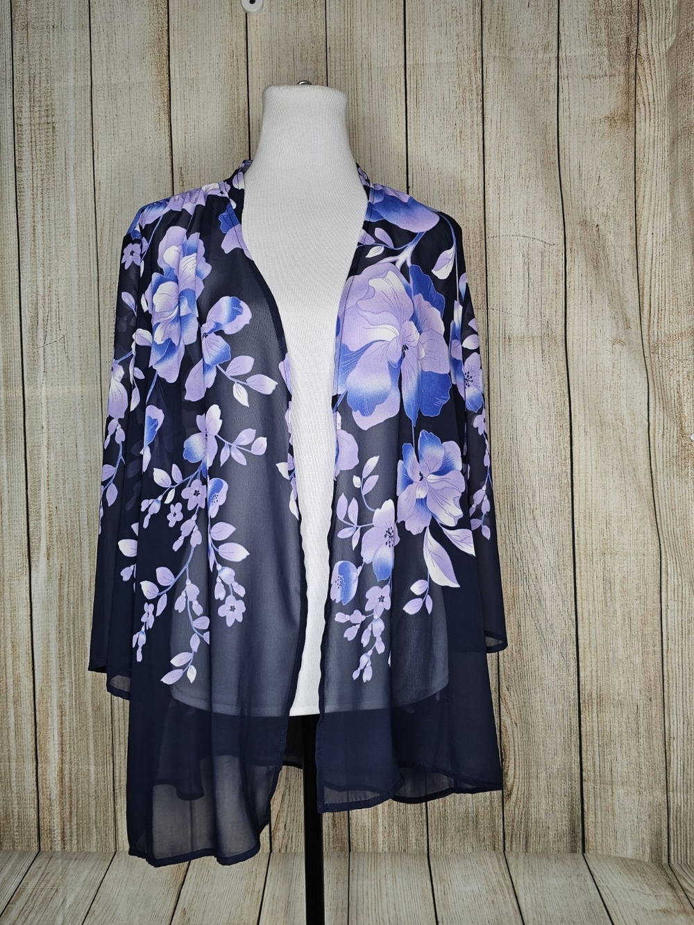 Susan Graver 1X Navy Floral Midi Skirt with Lavender Blooms Sheer Open Front